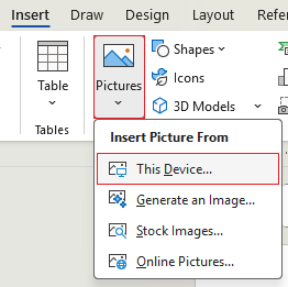 Insert pictures from this device on ribbon in Word